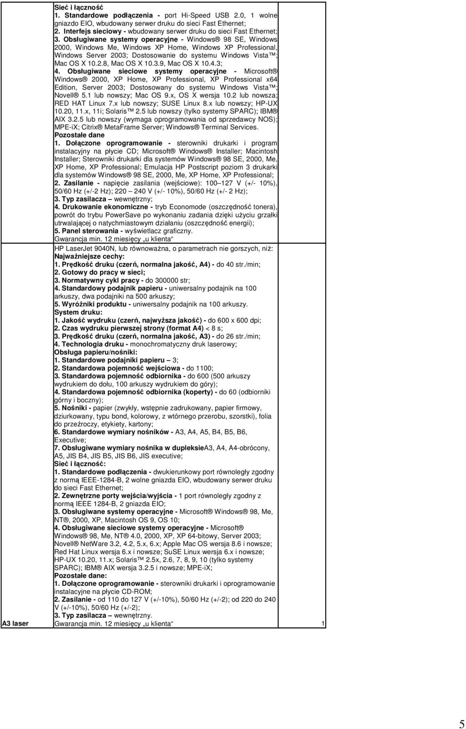 Obsługiwane systemy operacyjne - Windows 98 SE, Windows 2000, Windows Me, Windows XP Home, Windows XP Professional, Windows Server 2003; Dostosowanie do systemu Windows Vista ; Mac OS X 10.2.8, Mac OS X 10.