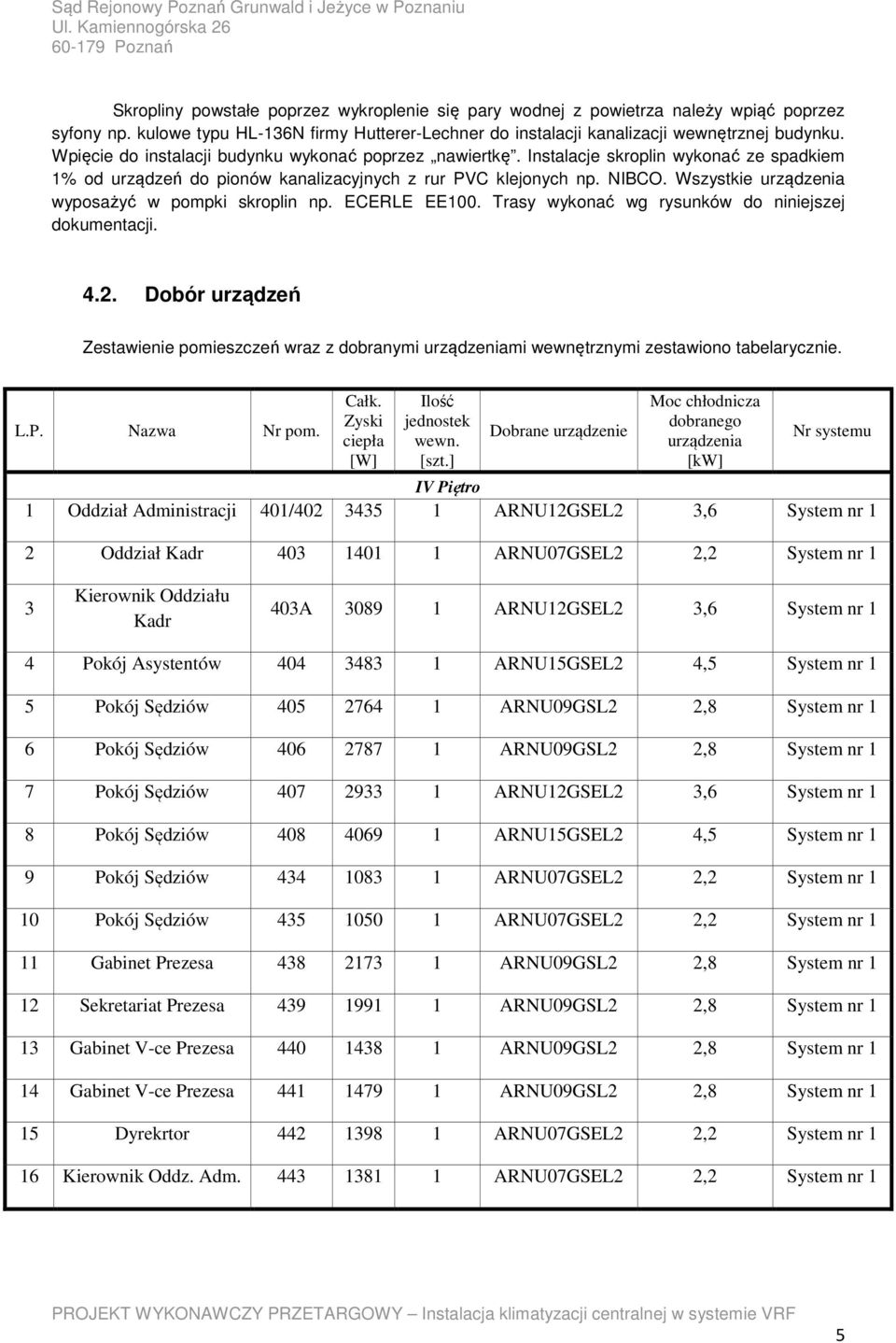 Wszystkie urządzenia wypsażyć w pmpki skrplin np. ECERLE EE100. Trasy wyknać wg rysunków d niniejszej dkumentacji. 4.2.
