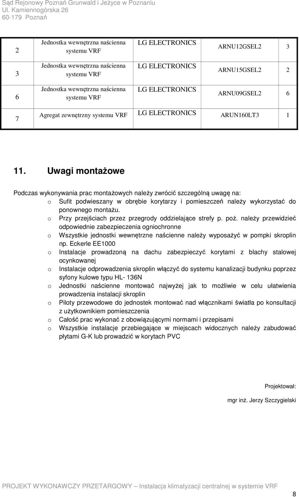 Przy przejściach przez przegrdy ddzielające strefy p. pż. należy przewidzieć dpwiednie zabezpieczenia gnichrnne Wszystkie jednstki wewnętrzne naścienne należy wypsażyć w pmpki skrplin np.