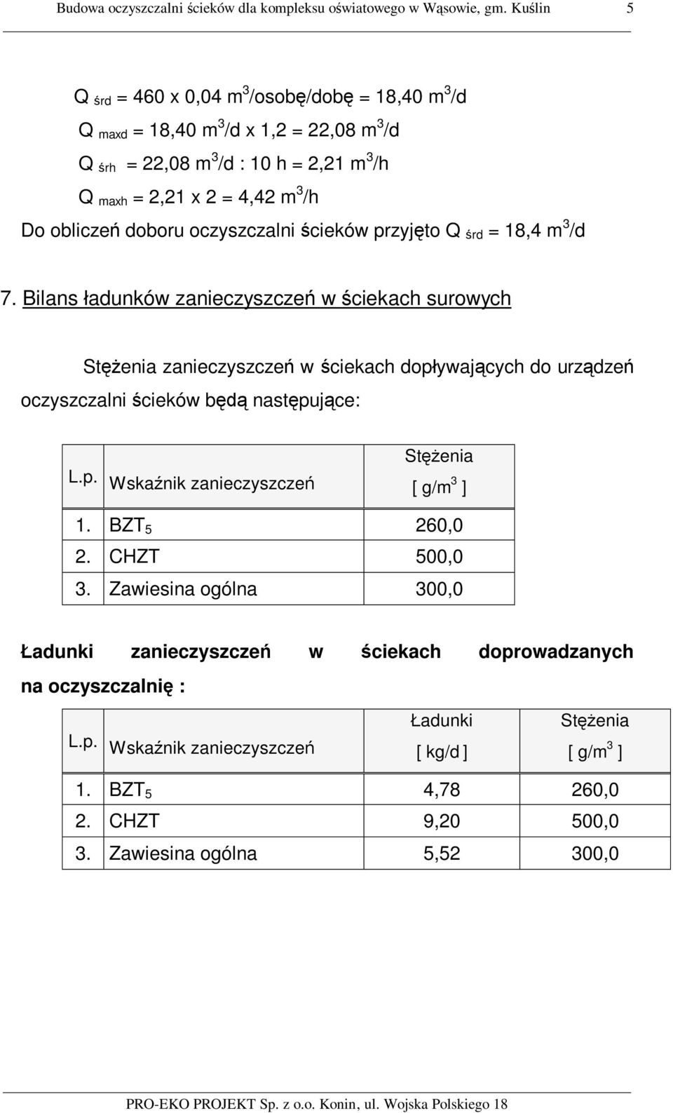 doboru oczyszczalni cieków przyj to Q rd = 18,4 m 3 /d 7.
