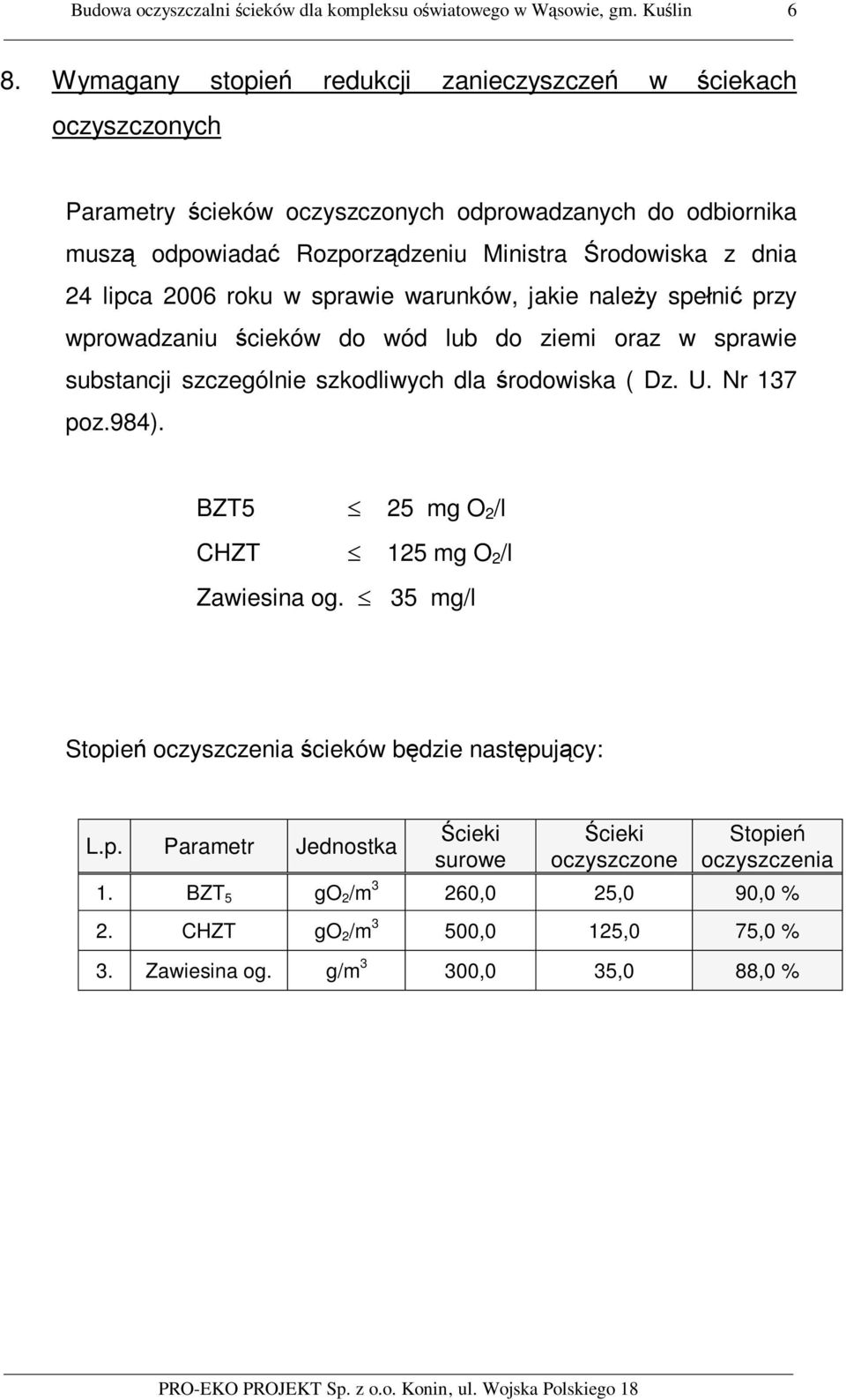 lipca 2006 roku w sprawie warunków, jakie nale y spe ni przy wprowadzaniu cieków do wód lub do ziemi oraz w sprawie substancji szczególnie szkodliwych dla rodowiska ( Dz. U. Nr 137 poz.