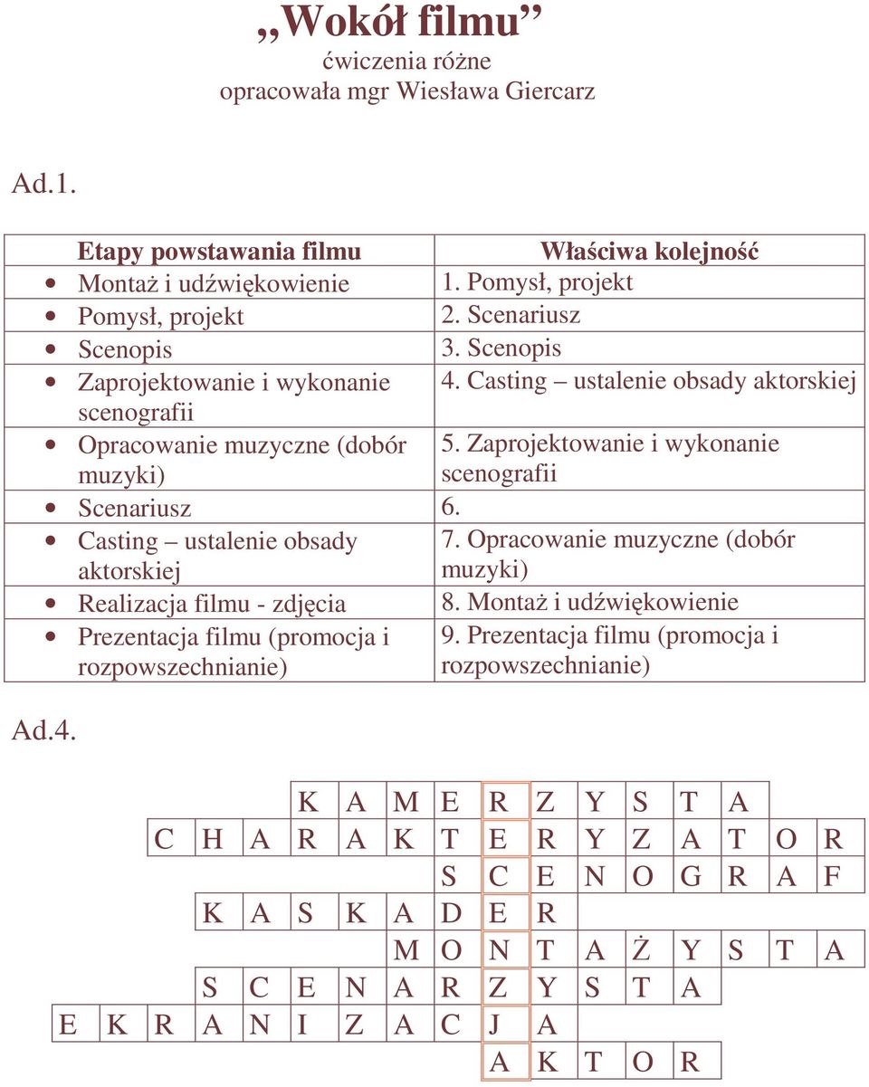 Zaprojektowanie i wykonanie scenografii Scenariusz 6. Casting ustalenie obsady aktorskiej 7. Opracowanie muzyczne (dobór muzyki) Realizacja filmu - zdjęcia 8.