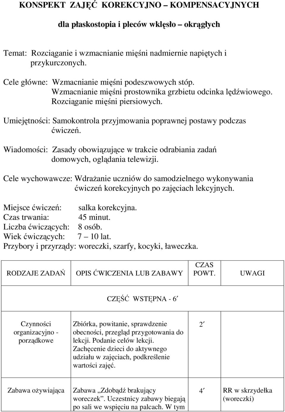 Konspekt Zajęć Korekcyjno Kompensacyjnych Koncentracja Uwagi W Przedszkolu KONSPEKT ZAJĘĆ KOREKCYJNO KOMPENSACYJNYCH. dla płaskostopia i pleców