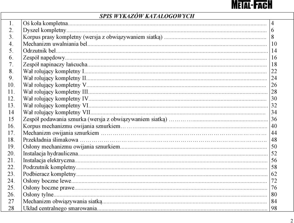 .. Wał rolujący kompletny IV... Wał rolujący kompletny VI... Wał rolujący kompletny VII... Zespół podawania sznurka (wersja z obwiązywaniem siatką)... Korpus mechanizmu owijania sznurkiem.