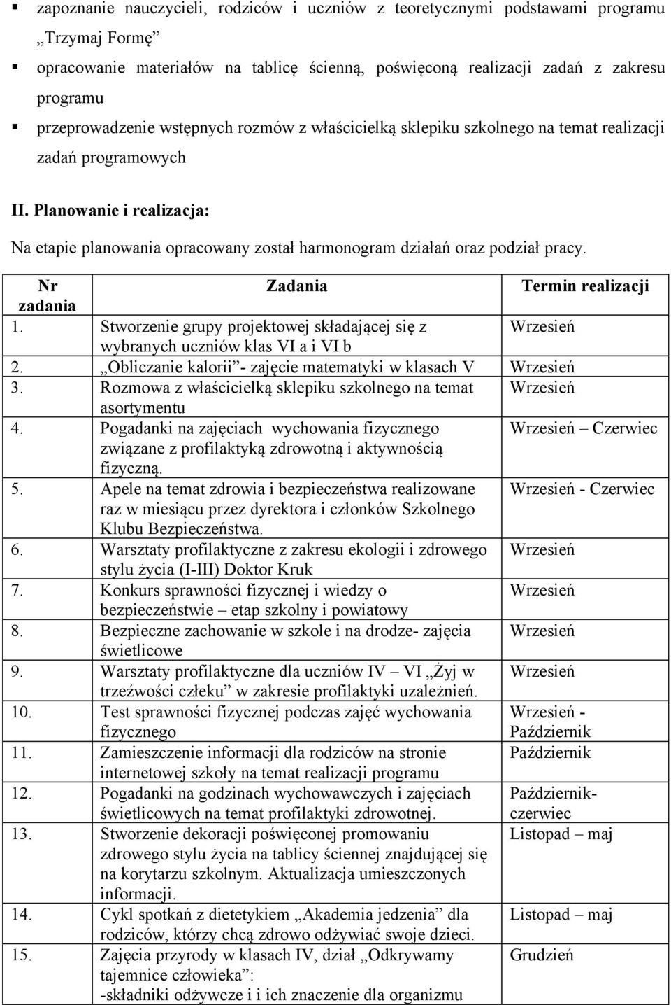 Nr Zadania Termin realizacji zadania 1. Stworzenie grupy projektowej składającej się z Wrzesień wybranych uczniów klas VI a i VI b 2. Obliczanie kalorii - zajęcie matematyki w klasach V Wrzesień 3.