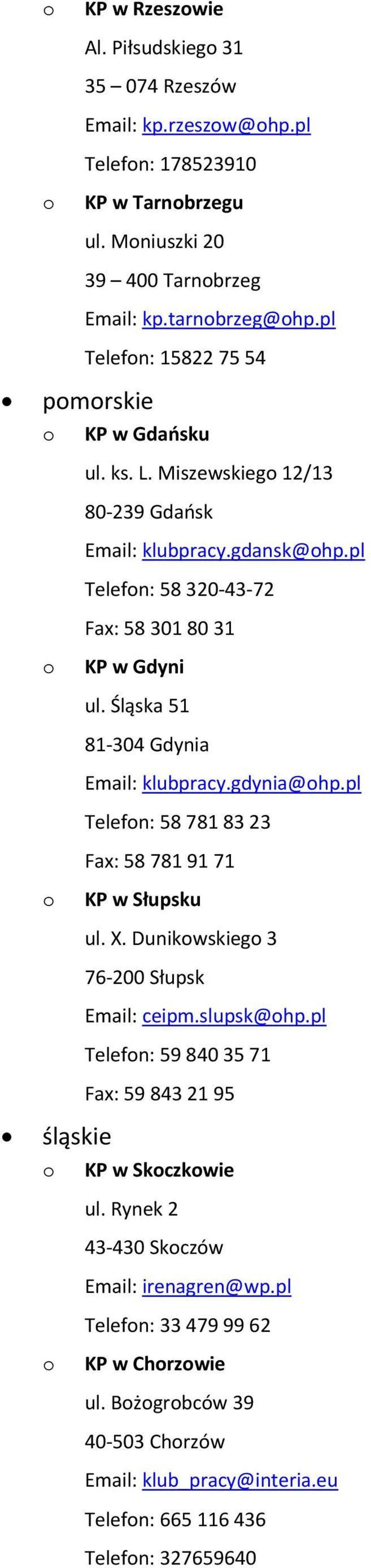 Śląska 51 81-304 Gdynia Email: klubpracy.gdynia@hp.pl Telefn: 58 781 83 23 Fax: 58 781 91 71 KP w Słupsku ul. X. Dunikwskieg 3 76-200 Słupsk Email: ceipm.slupsk@hp.