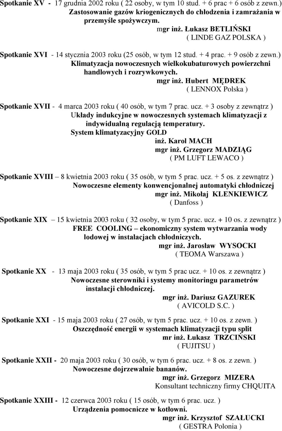 ) Klimatyzacja nowoczesnych wielkokubaturowych powierzchni handlowych i rozrywkowych. mgr inż. Hubert MĘDREK ( LENNOX Polska ) Spotkanie XVII - 4 marca 2003 roku ( 40 osób, w tym 7 prac. ucz.