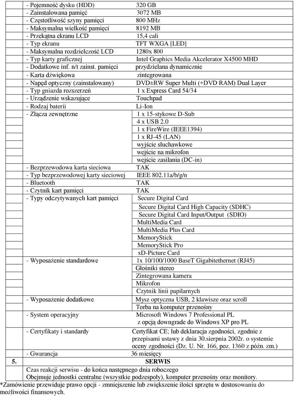 pamięci przydzielana dynamicznie - Karta dźwiękowa zintegrowana - Napęd optyczny (zainstalowany) DVD±RW Super Multi (+DVD RAM) Dual Layer - Typ gniazda rozszerzeń 1 x Express Card 54/34 - Urządzenie