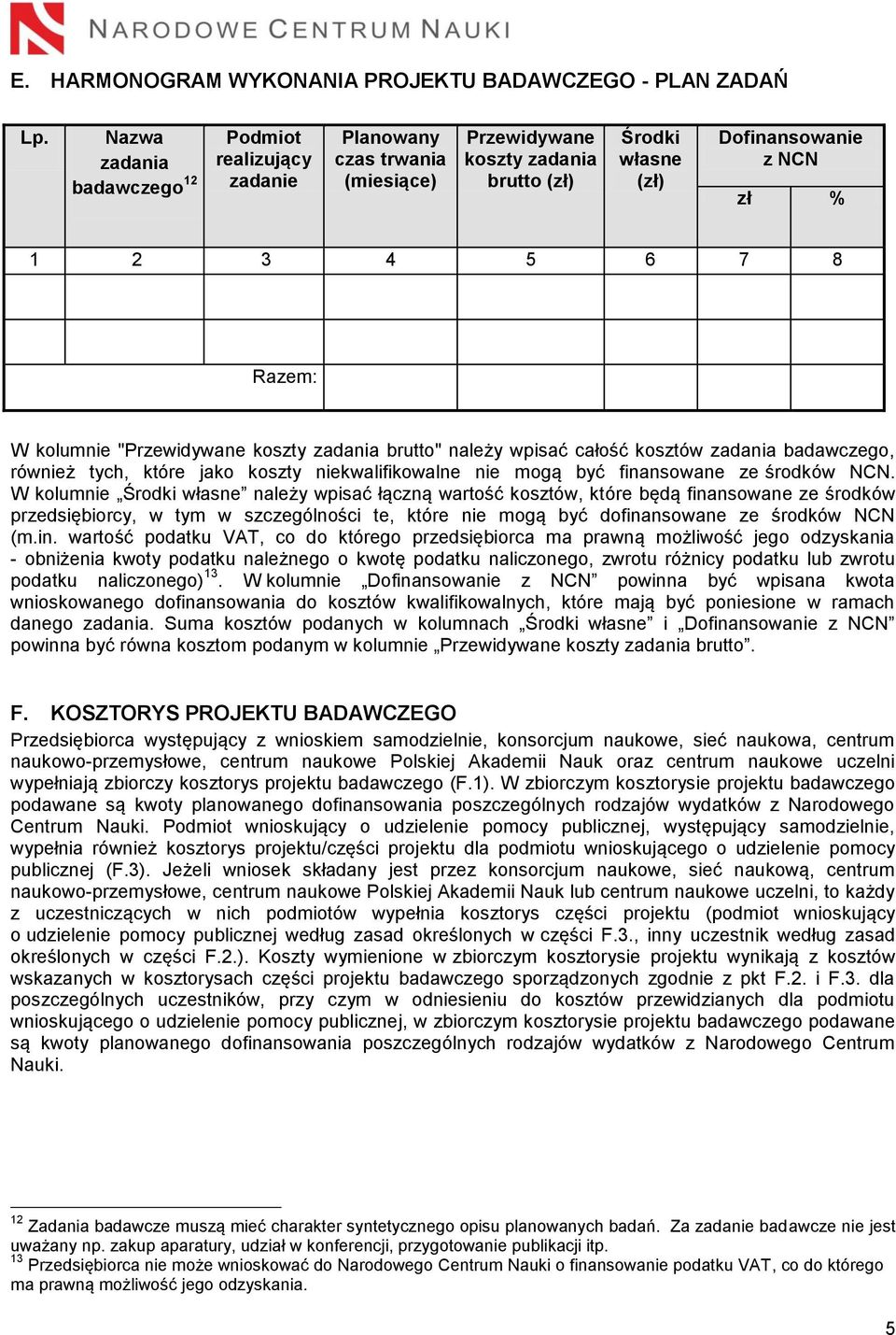 kolumnie "Przewidywane koszty zadania brutto" należy wpisać całość kosztów zadania badawczego, również tych, które jako koszty niekwalifikowalne nie mogą być finansowane ze środków NCN.