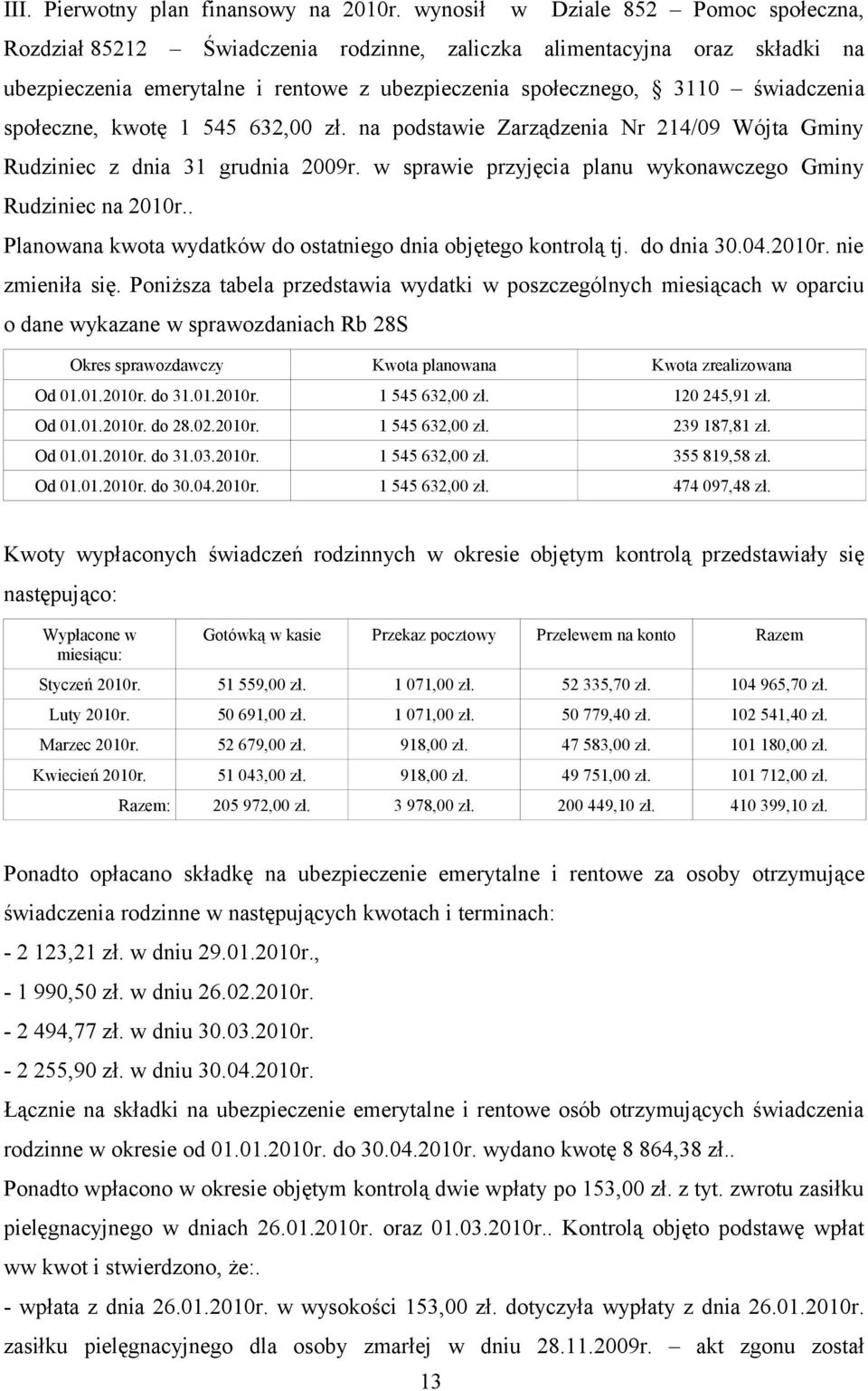 społeczne, kwotę 1 545 632,00 zł. na podstawie Zarządzenia Nr 214/09 Wójta Gminy Rudziniec z dnia 31 grudnia 2009r. w sprawie przyjęcia planu wykonawczego Gminy Rudziniec na 2010r.