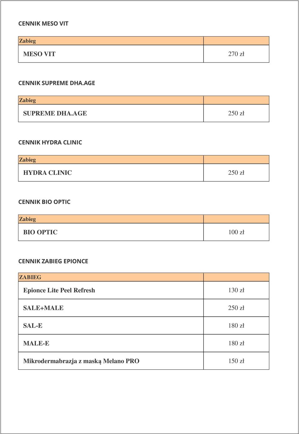 AGE CENNIK HYDRA CLINIC HYDRA CLINIC CENNIK BIO OPTIC BIO