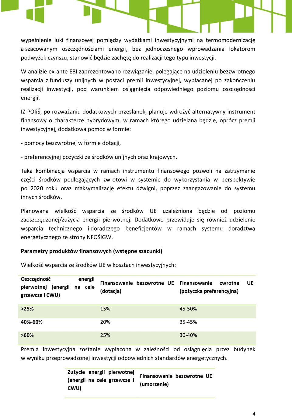W analizie ex-ante EBI zaprezentowano rozwiązanie, polegające na udzieleniu bezzwrotnego wsparcia z funduszy unijnych w postaci premii inwestycyjnej, wypłacanej po zakończeniu realizacji inwestycji,