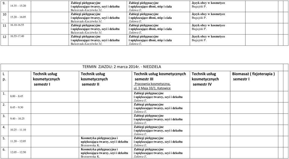 NIEDZIELA L 4 5 120 5 5 150 I II Pracownia