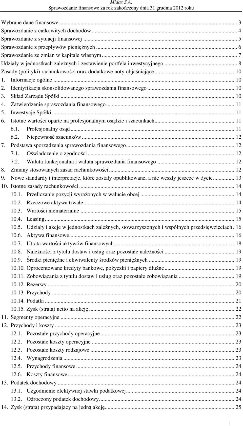 Skład Zarządu Spółki... 10 4. Zatwierdzenie sprawozdania finansowego... 11 5. Inwestycje Spółki... 11 6. Istotne wartości oparte na profesjonalnym osądzie i szacunkach... 11 6.1. Profesjonalny osąd.