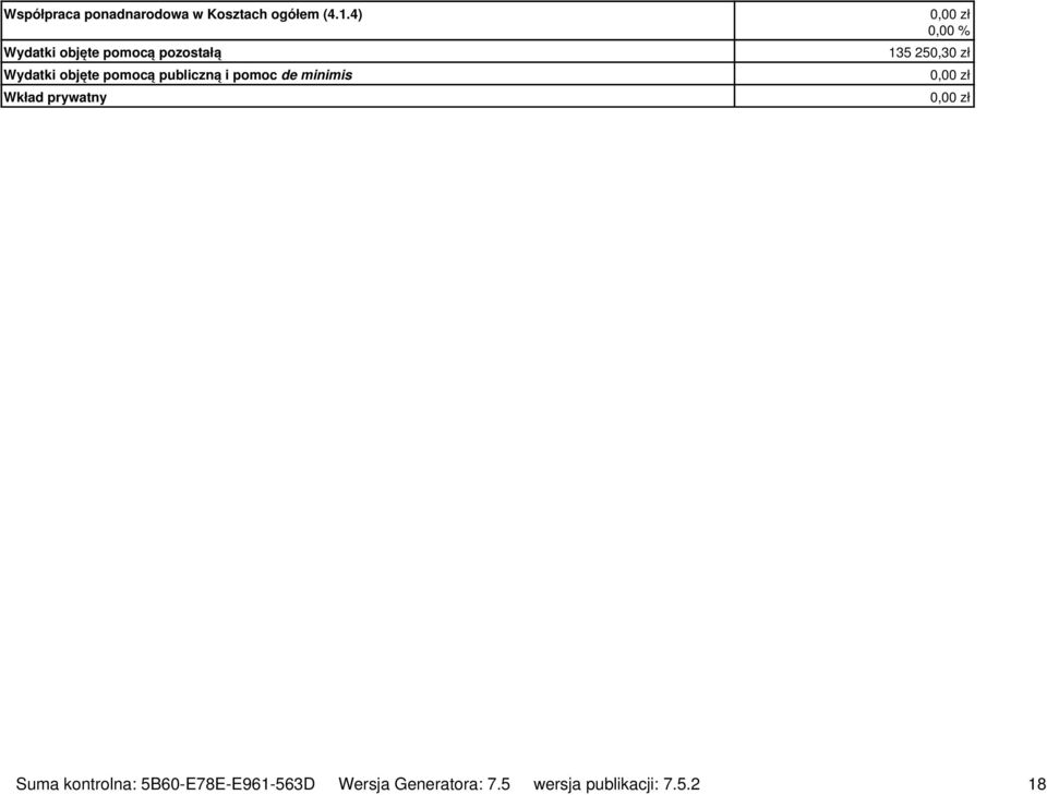 pomoc de minimis Wkład prywatny 0,00 zł 0,00 % 135 250,30 zł 0,00 zł