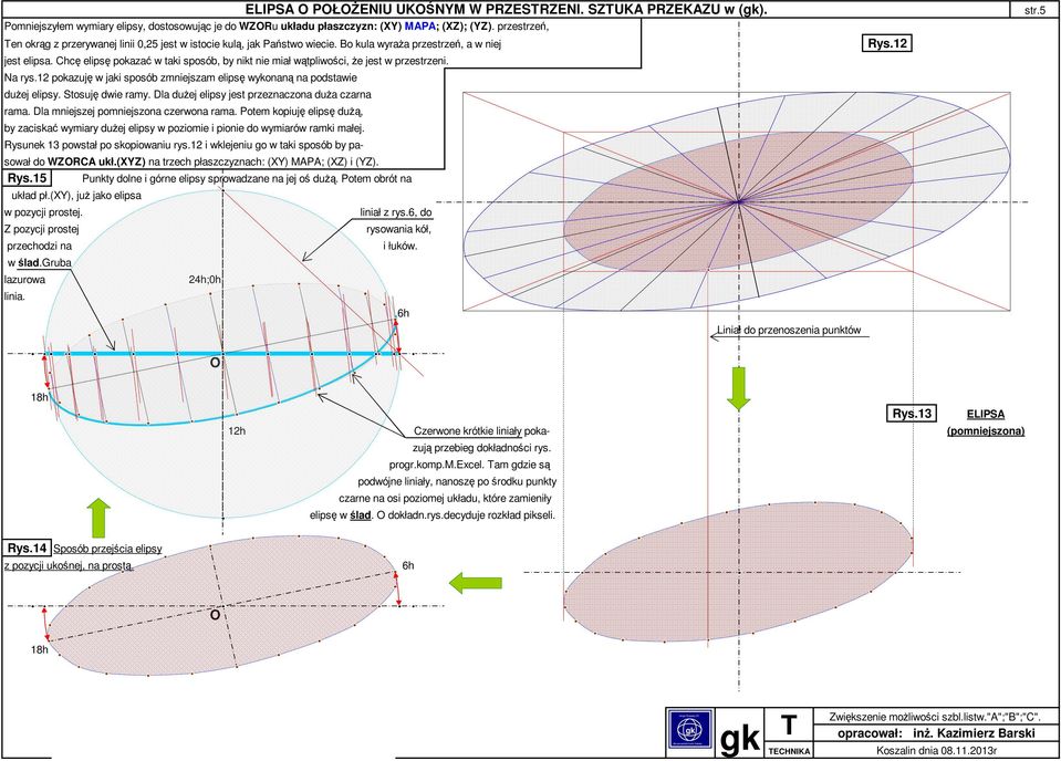 Chcę elipsę pokzć w tki sposób, by nikt nie mił wątpliwości, że jest w przestrzeni. N rys.12 pokzuję w jki sposób zmniejszm elipsę wykonną n podstwie dużej elipsy. Stosuję dwie rmy.