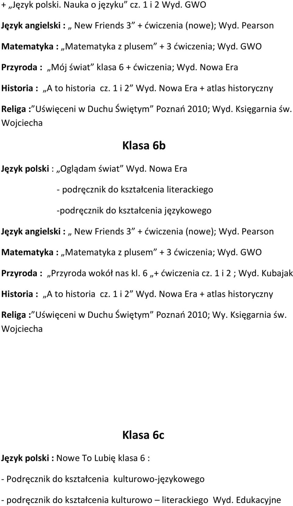 Wojciecha Klasa 6b Język polski : Oglądam świat Wyd. Nowa Era - podręcznik do kształcenia literackiego -podręcznik do kształcenia językowego Język angielski : New Friends 3 + ćwiczenia (nowe); Wyd.