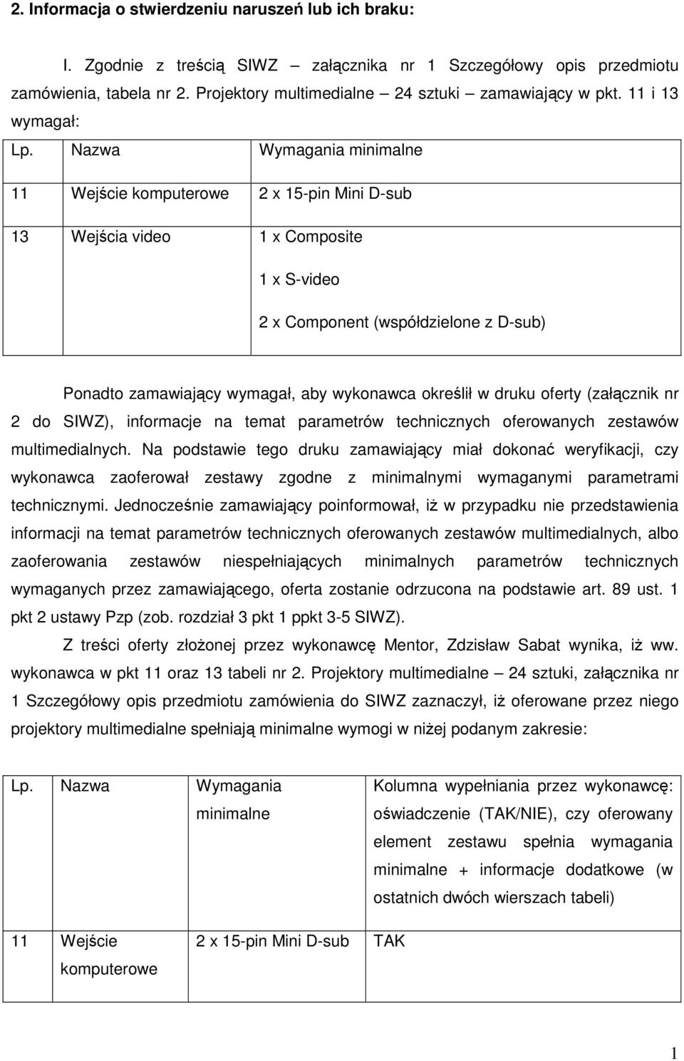 Nazwa Wymagania minimalne 11 Wejście komputerowe 2 x 15-pin Mini D-sub 13 Wejścia video 1 x Composite 1 x S-video 2 x Component (współdzielone z D-sub) Ponadto zamawiający wymagał, aby wykonawca