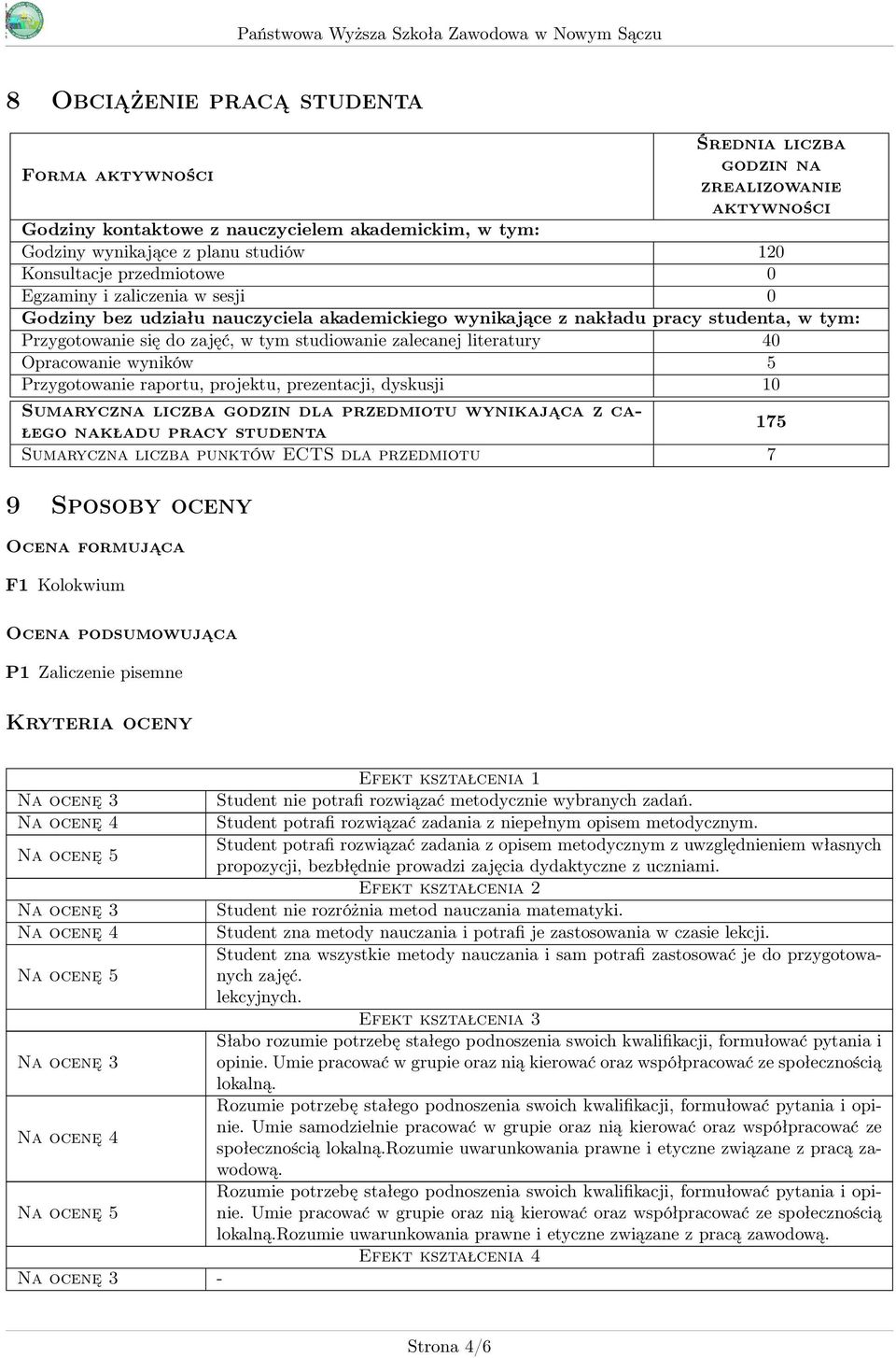 literatury 40 Opracowanie wyników 5 Przygotowanie raportu, projektu, prezentacji, dyskusji 10 Sumaryczna liczba godzin dla przedmiotu wynikająca z całego nakładu pracy studenta 175 Sumaryczna liczba