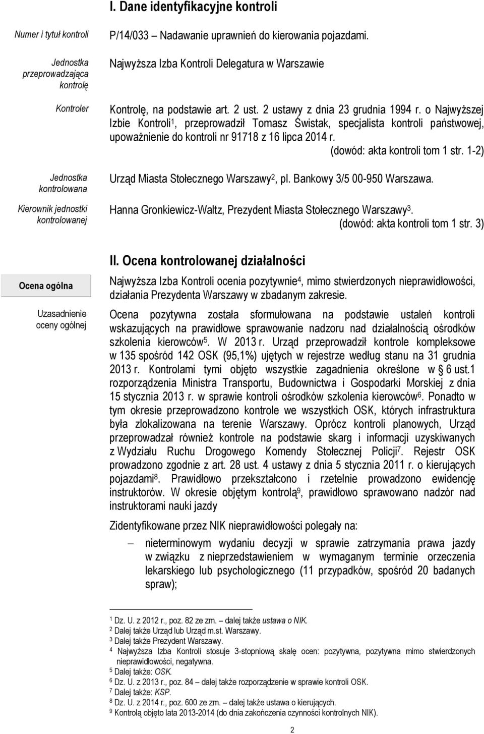 o Najwyższej Izbie Kontroli 1, przeprowadził Tomasz Świstak, specjalista kontroli państwowej, upoważnienie do kontroli nr 91718 z 16 lipca 2014 r. (dowód: akta kontroli tom 1 str.
