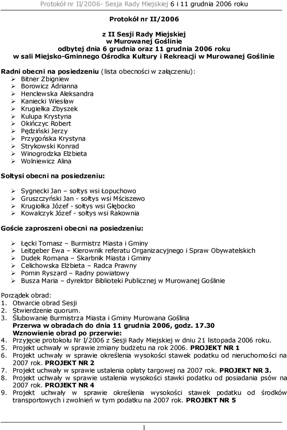 Przygońska Krystyna Strykowski Konrad Winogrodzka Elżbieta Wolniewicz Alina Sołtysi obecni na posiedzeniu: Sygnecki Jan sołtys wsi Łopuchowo Gruszczyński Jan - sołtys wsi Mściszewo Krugiołka Józef -