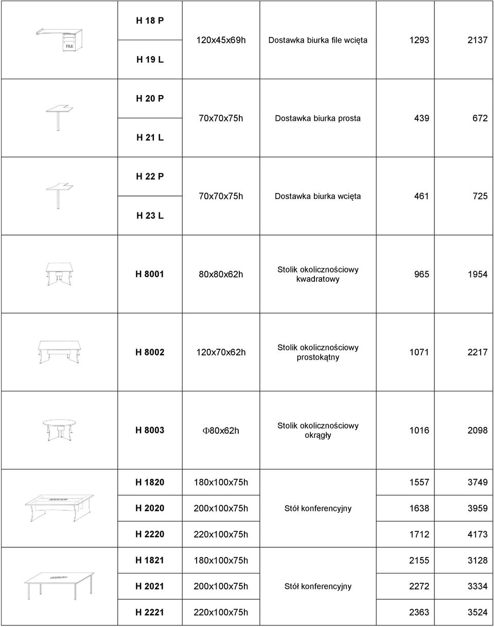 prostokątny 1071 2217 H 8003 80x62h Stolik okolicznościowy okrągły 1016 2098 H 1820 180x100x75h 1557 3749 H 2020 200x100x75h Stół