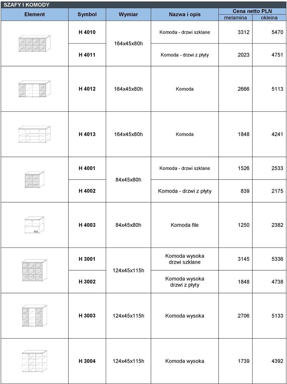 2533 84x45x80h H 4002 Komoda - drzwi z płyty 839 2175 H 4003 84x45x80h Komoda file 1250 2382 H 3001 H 3002 124x45x115h Komoda wysoka drzwi