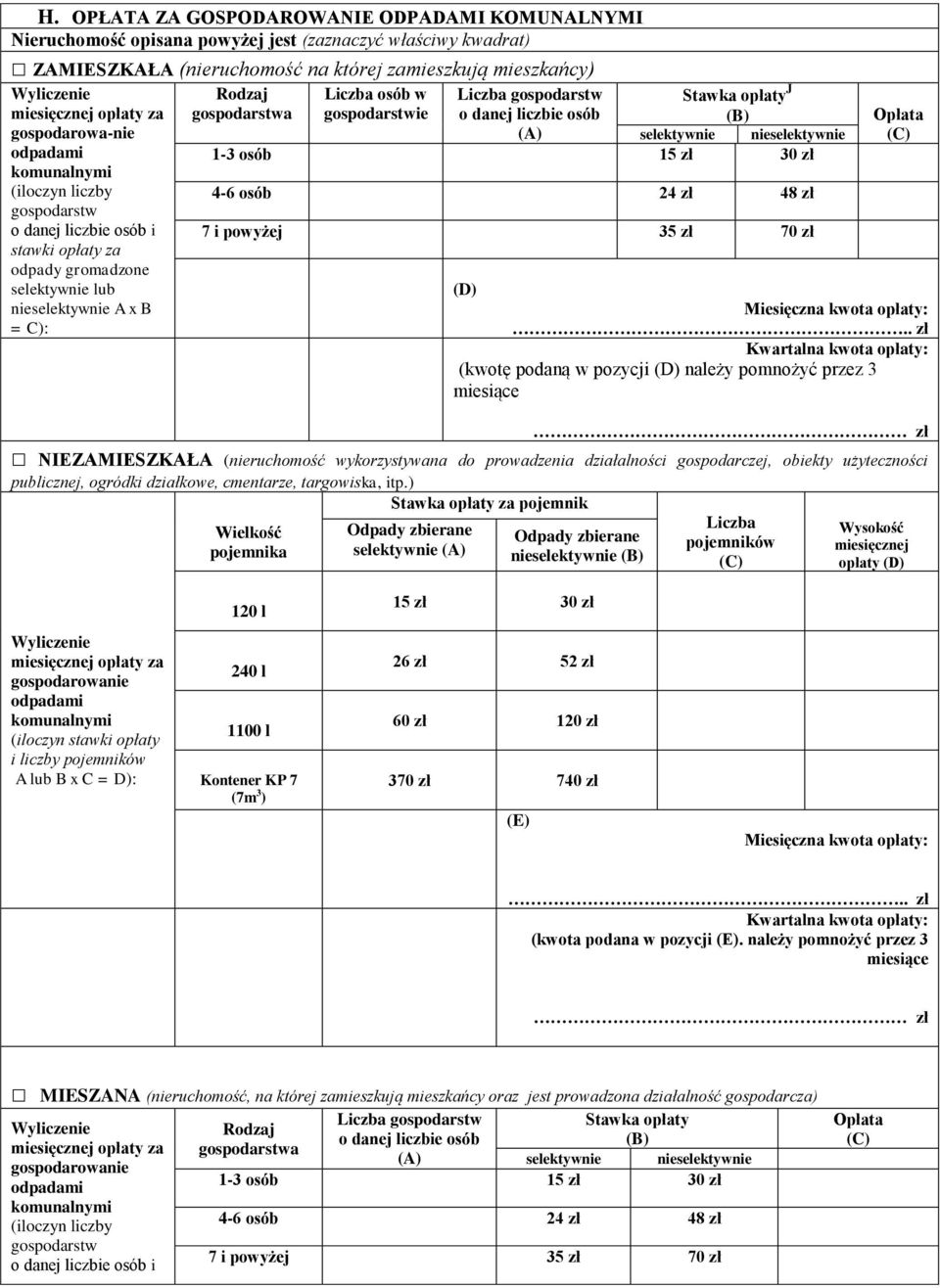 gospodarstwie Liczba gospodarstw o danej liczbie osób Stawka opłaty J (B) (A) selektywnie nieselektywnie 1-3 osób 15 zł 30 zł 4-6 osób 24 zł 48 zł 7 i powyżej 35 zł 70 zł Opłata (D) Miesięczna kwota