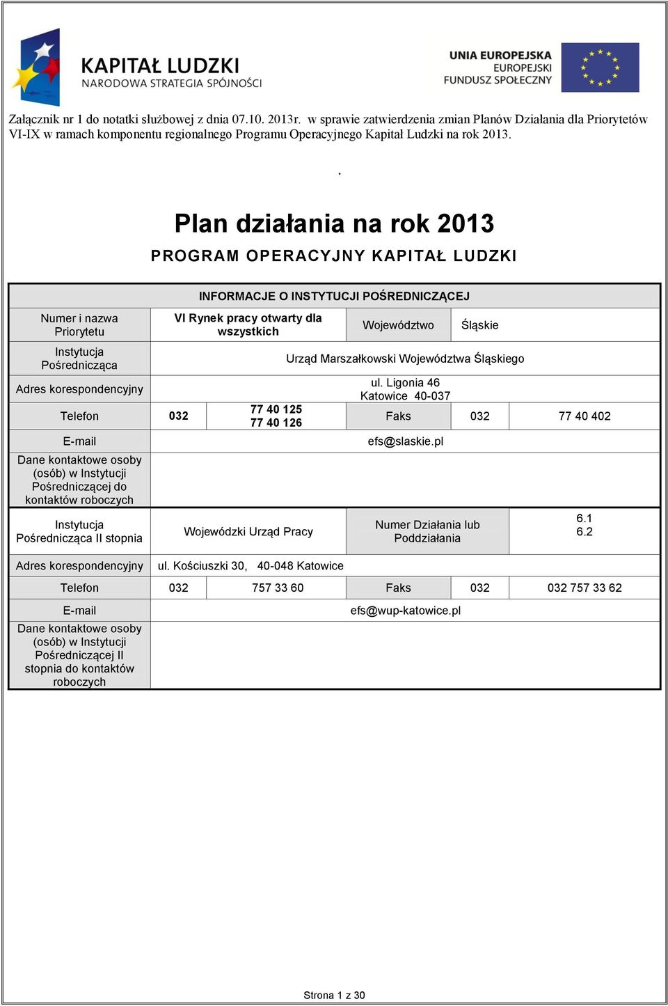 . Plan działania na rok 2013 PROGRAM OPERACYJNY KAPITAŁ LUDZKI Numer i nazwa Priorytetu Instytucja Pośrednicząca Adres korespondencyjny Telefon 032 E-mail Dane kontaktowe osoby (osób) w Instytucji