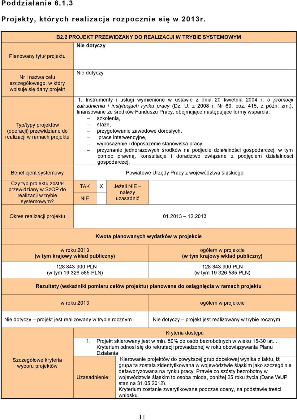 projektu Beneficjent systemowy Czy typ projektu został przewidziany w SzOP do realizacji w trybie systemowym? Nie dotyczy 1. Instrumenty i usługi wymienione w ustawie z dnia 20 kwietnia 2004 r.