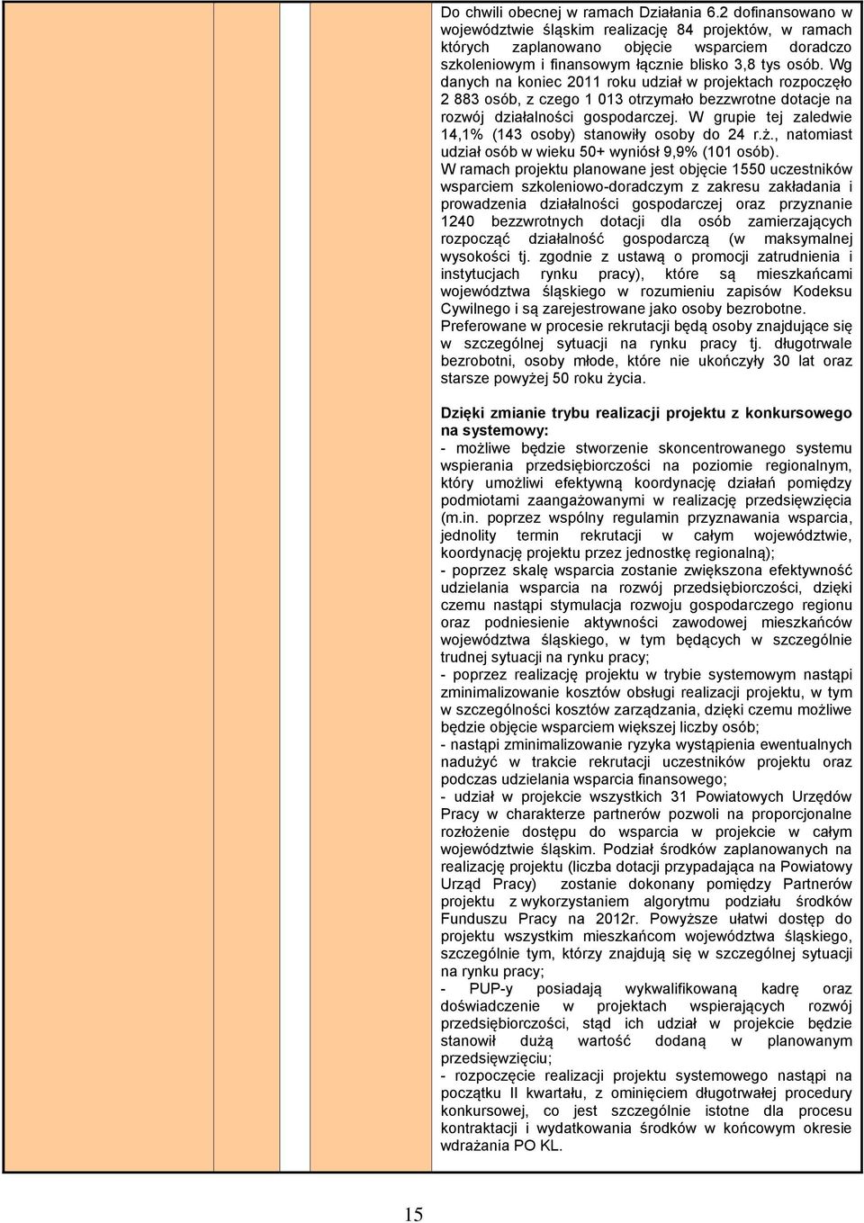 Wg danych na koniec 2011 roku udział w projektach rozpoczęło 2 883 osób, z czego 1 013 otrzymało bezzwrotne dotacje na rozwój działalności gospodarczej.