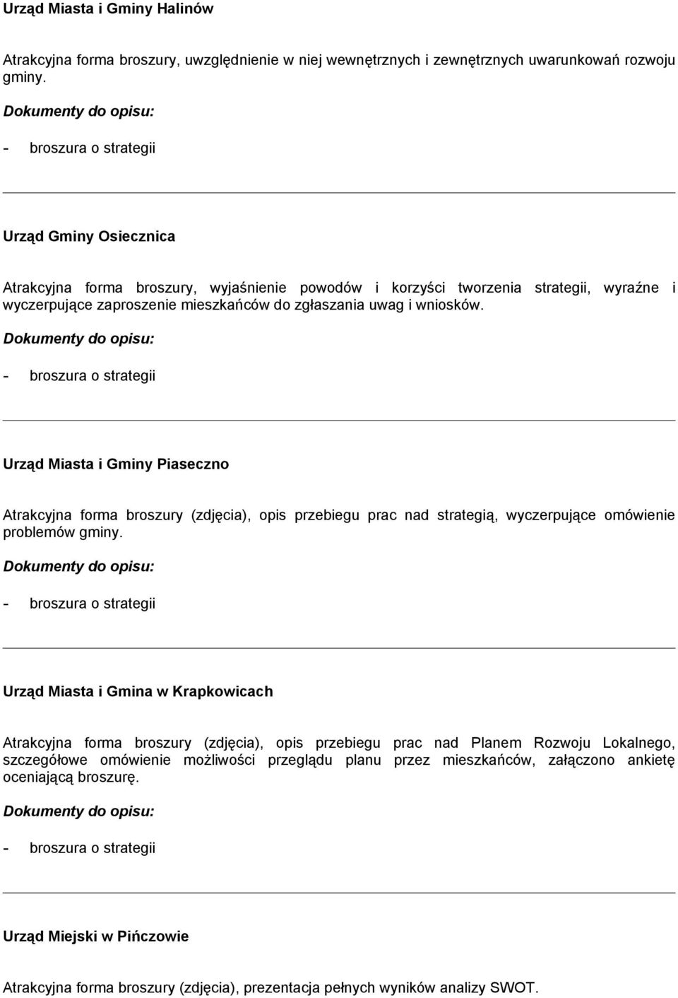 Urząd Miasta i Gminy Piaseczno Atrakcyjna forma broszury (zdjęcia), opis przebiegu prac nad strategią, wyczerpujące omówienie problemów gminy.