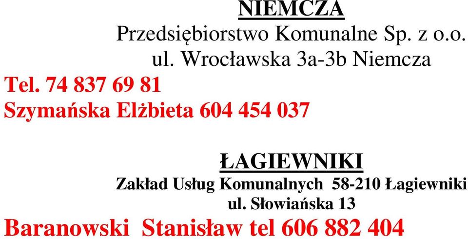 74 837 69 81 Szymańska Elżbieta 604 454 037 ŁAGIEWNIKI