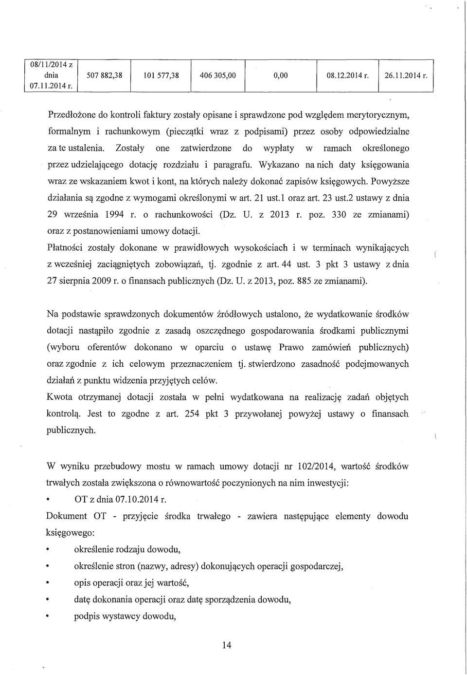 26.11.2014 r. Przedłożone do kontroli faktury zostały opisane i sprawdzone pod względem merytorycznym, formalnym i rachunkowym (pieczątki wraz z podpisami) przez osoby odpowiedzialne za te ustalenia.