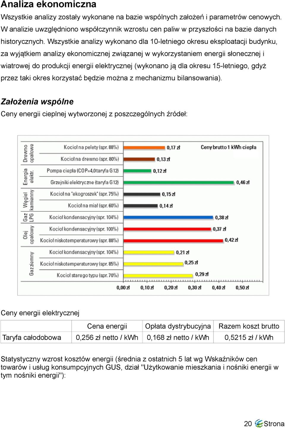 Wszystkie analizy wykonano dla 10-letniego okresu eksploatacji budynku, za wyjątkiem analizy ekonomicznej związanej w wykorzystaniem energii słonecznej i wiatrowej do produkcji energii elektrycznej