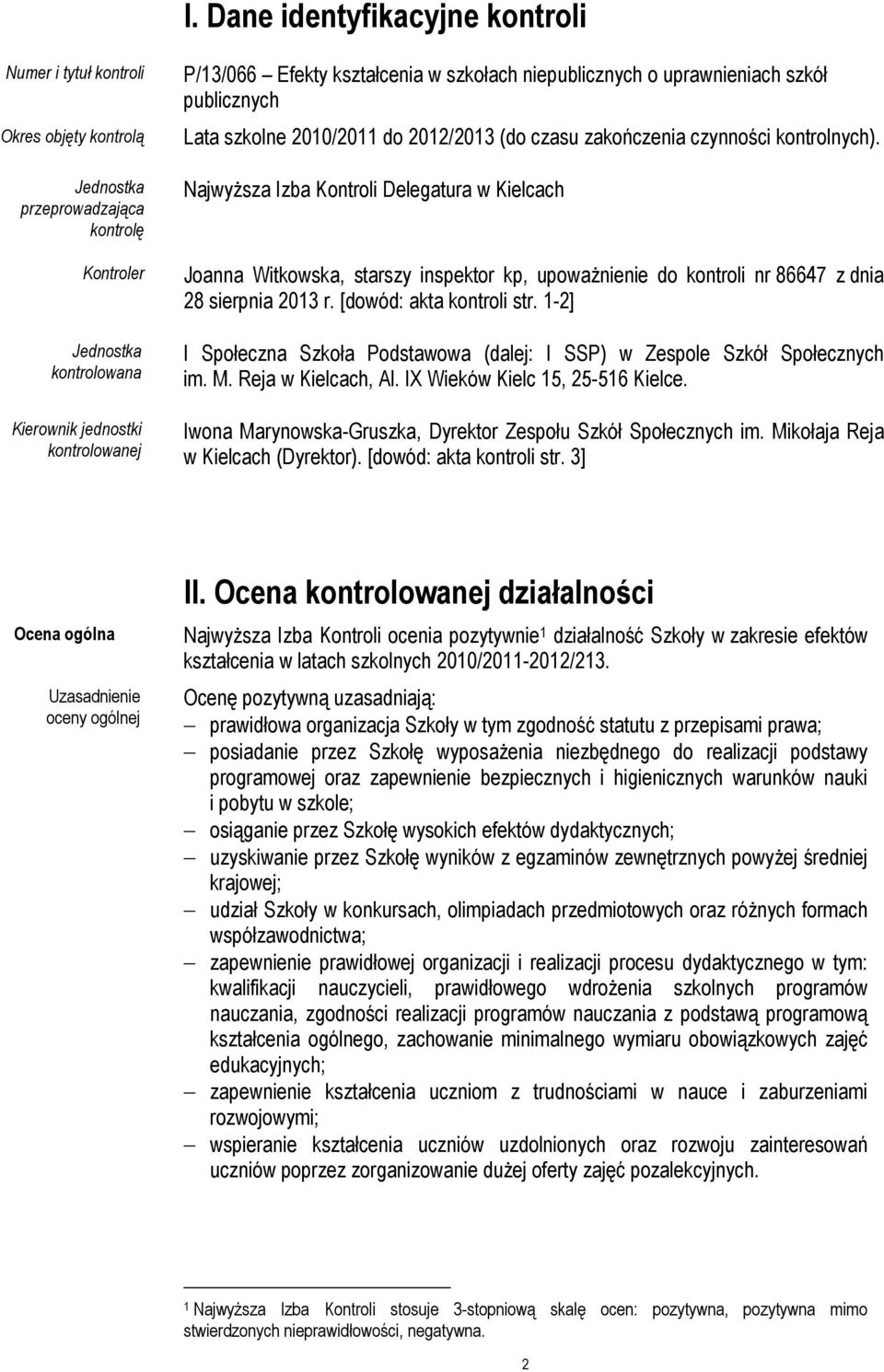 Najwyższa Izba Kontroli Delegatura w Kielcach Joanna Witkowska, starszy inspektor kp, upoważnienie do kontroli nr 86647 z dnia 28 sierpnia 2013 r. [dowód: akta kontroli str.