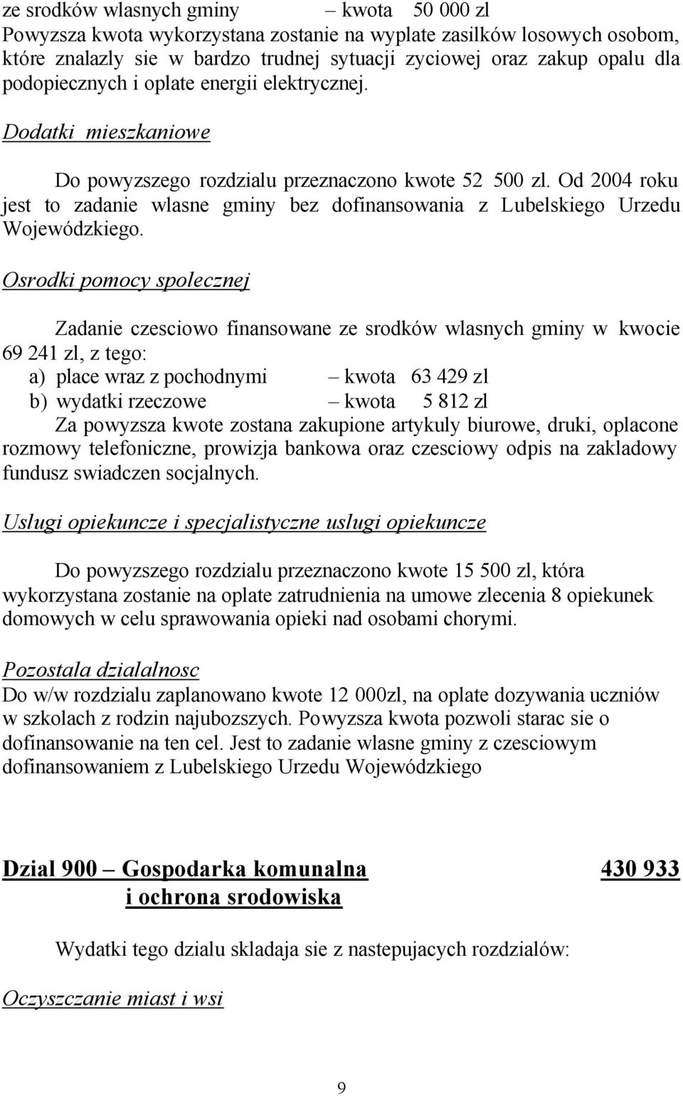 Od 2004 roku jest to zadanie wlasne gminy bez dofinansowania z Lubelskiego Urzedu Wojewódzkiego.