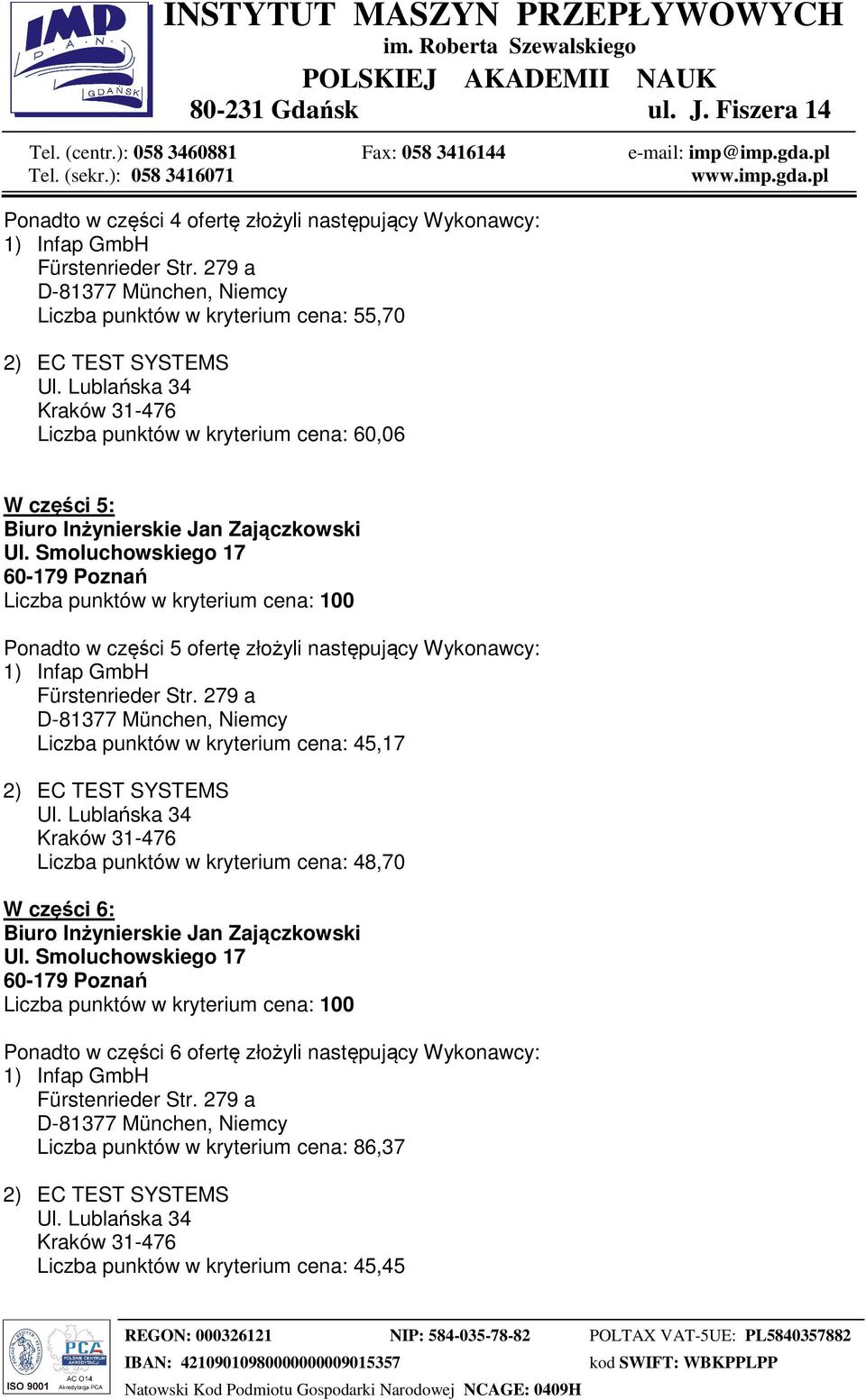 Liczba punktów w kryterium cena: 45,17 Liczba punktów w kryterium cena: 48,70 W części 6: Ponadto w części