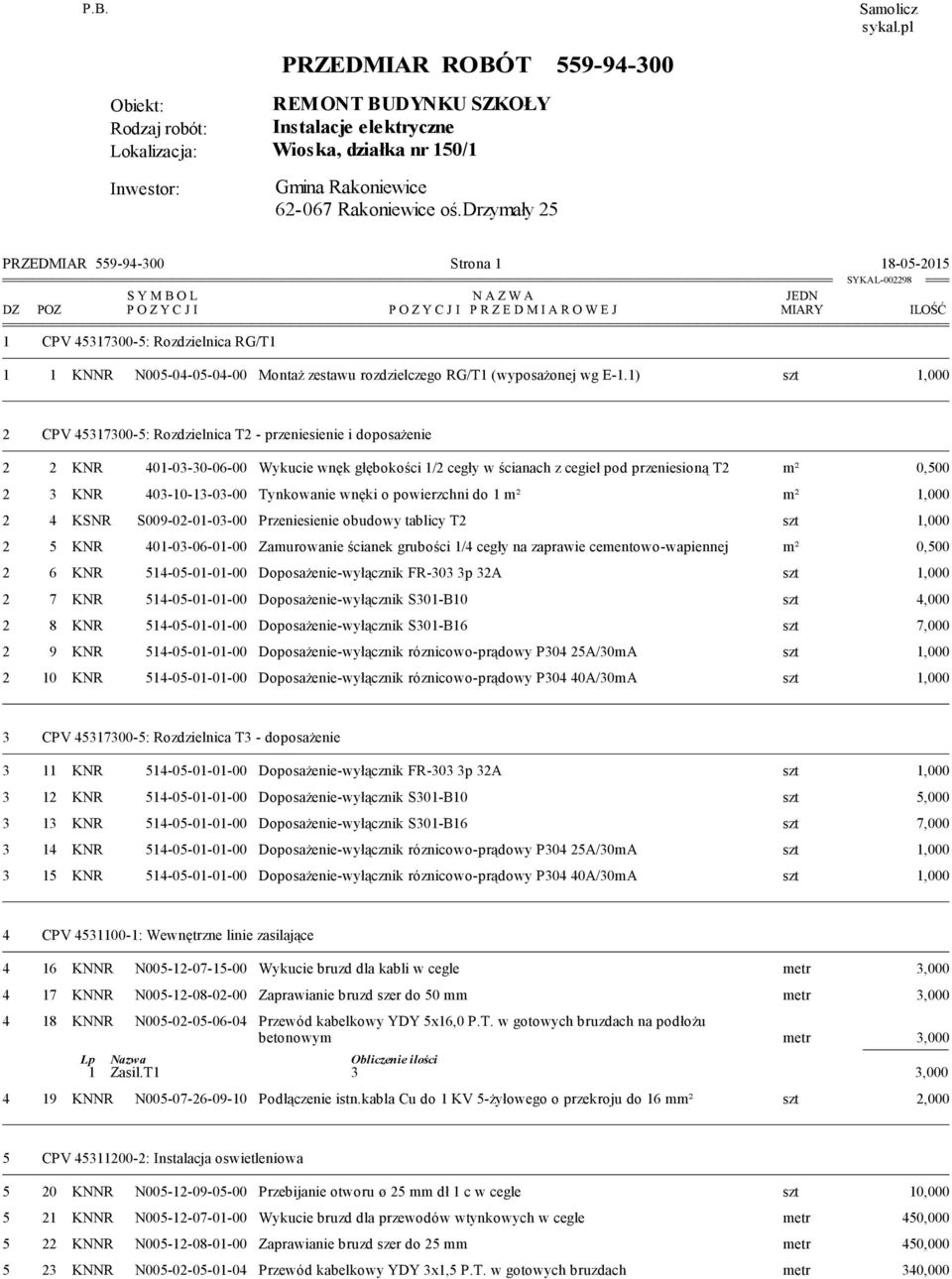 1) szt 1,000 ILOŚĆ 2 CPV 45317300-5: Rozdzielnica T2 - przeniesienie i doposażenie 2 2 KNR 401-03-30-06-00 Wykucie wnęk głębokości 1/2 cegły w ścianach z cegieł pod przeniesioną T2 m² 0,500 2 3 KNR