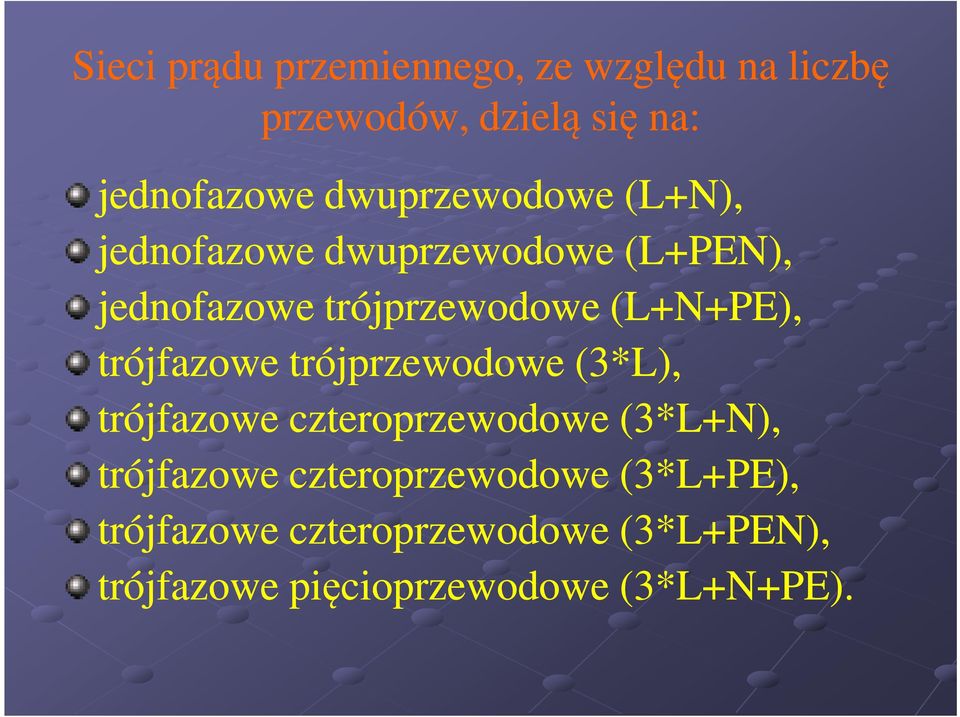 (L+N+PE), trójfazowe trójprzewodowe (3*L), trójfazowe czteroprzewodowe (3*L+N), trójfazowe