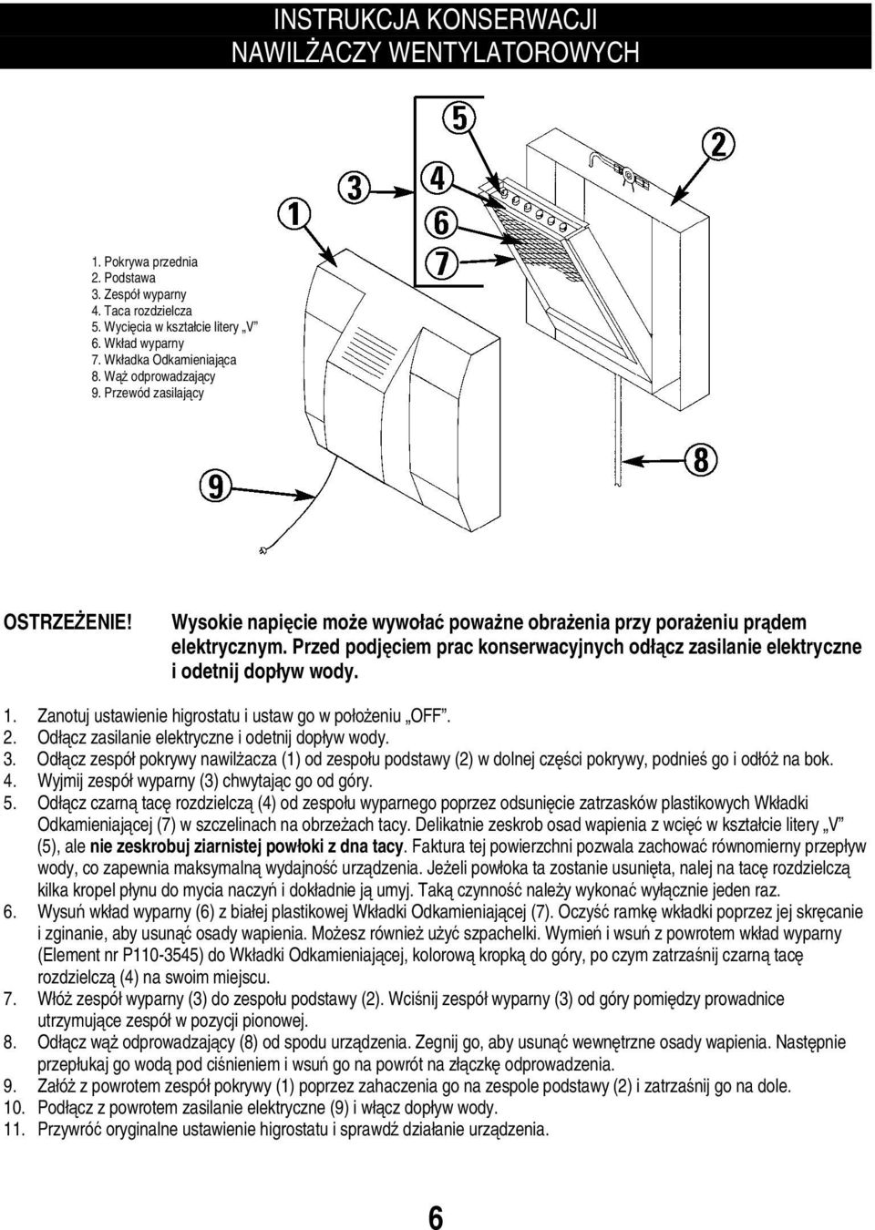 Przed podjciem prac konserwacyjnych odłcz zasilanie elektryczne i odetnij dopływ wody. 1. Zanotuj ustawienie higrostatu i ustaw go w połoeniu OFF. 2. Odłcz zasilanie elektryczne i odetnij dopływ wody.