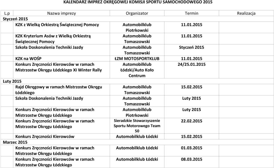 01.2015 Świątecznej Pomocy Szkoła Doskonalenia Techniki Jazdy Styczeń 2015 KZK na WOŚP ŁZM MOTOSPORTKLUB 11.01.2015 XI Winter Rally 24/25.01.2015 Luty 2015 Rajd Okręgowy w ramach Mistrzostw Okręgu Łódzkiego Szkoła Doskonalenia Techniki Jazdy 15.