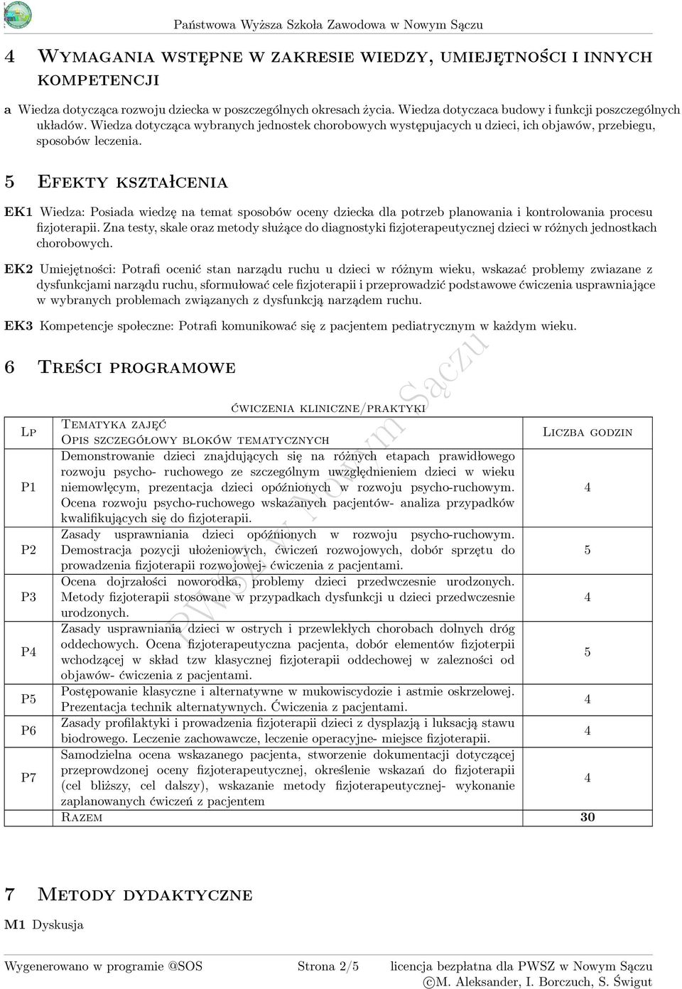 Efekty kszta lcenia EK1 Wiedza: Posiada wiedzę na temat sposobów oceny dziecka dla potrzeb planowania i kontrolowania procesu fizjoterapii.