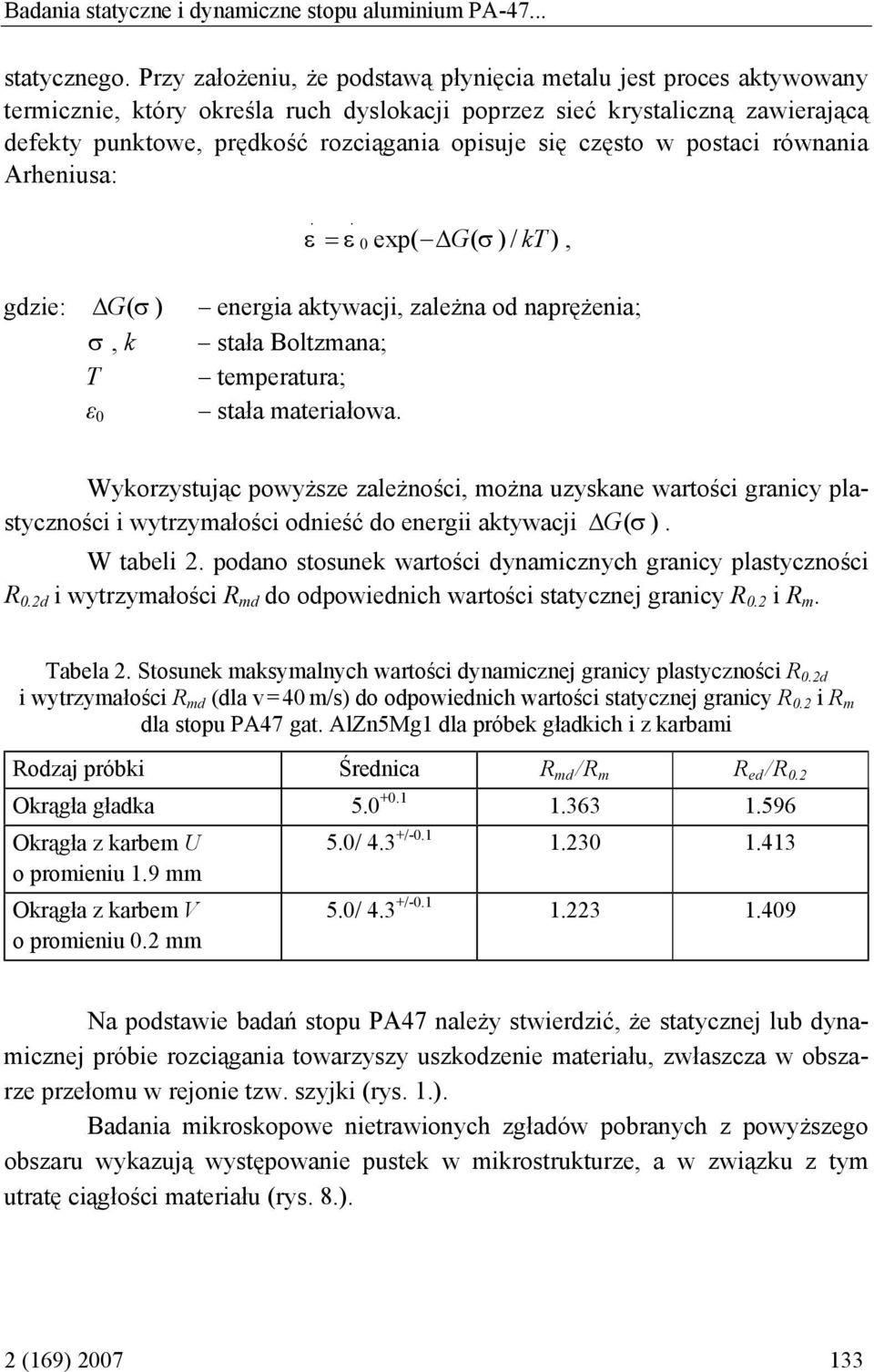 często w postaci równania Arheniusa:. ε. = ε exp( G( σ ) / kt ), 0 gdzie: G (σ ) σ, k T ε 0 energia aktywacji, zależna od naprężenia; stała Boltzmana; temperatura; stała materiałowa.