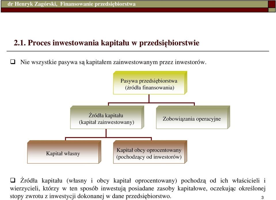 obcy oprocentowany (pochodzący od inwestorów) Źródła kapitału (własny i obcy kapitał oprocentowany) pochodzą od ich właścicieli i