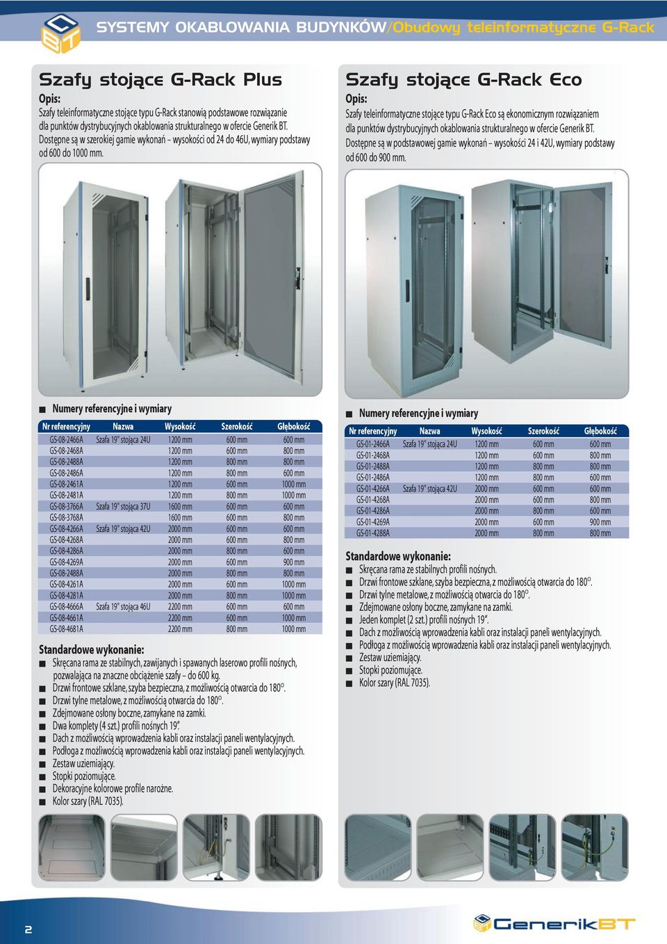 Szafy sojàce G-Rack Eco Szafy eleinformayczne sojące ypu G-Rack Eco są ekonomicznym rozwiązaniem dla punków dysrybucyjnych okablowania srukuralnego w ofercie Generik BT.