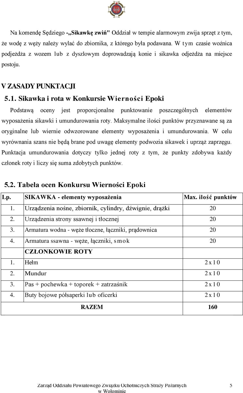 Sikawka i rota w Konkursie Wierności Epoki Podstawą oceny jest proporcjonalne punktowanie poszczególnych elementów wyposażenia sikawki i umundurowania roty.