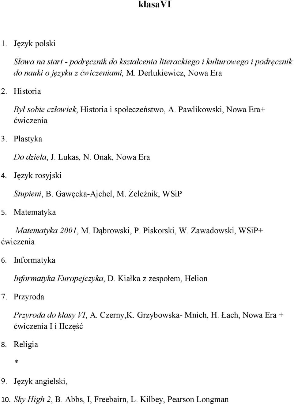 Gawęcka-Ajchel, M. Żeleźnik, WSiP 5. Matematyka Matematyka 2001, M. Dąbrowski, P. Piskorski, W. Zawadowski, WSiP+ 6. Informatyka Informatyka Europejczyka, D.
