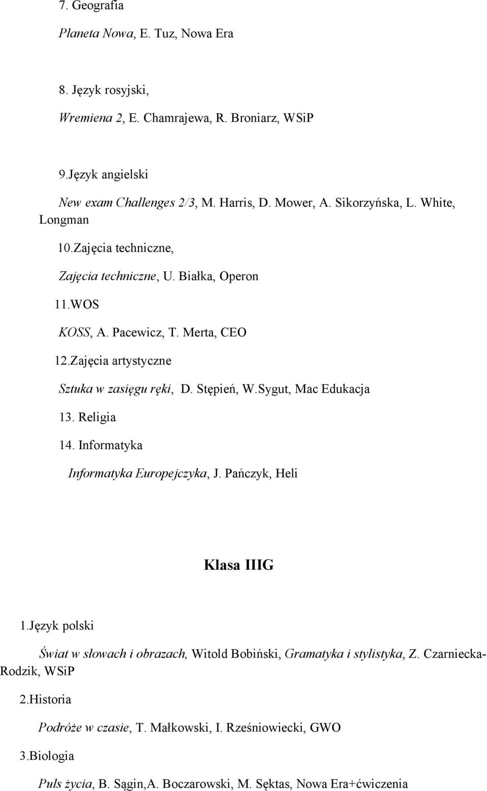 Zajęcia artystyczne Sztuka w zasięgu ręki, D. Stępień, W.Sygut, Mac Edukacja 13. Religia 14. Informatyka Informatyka Europejczyka, J. Pańczyk, Heli Klasa IIIG 1.