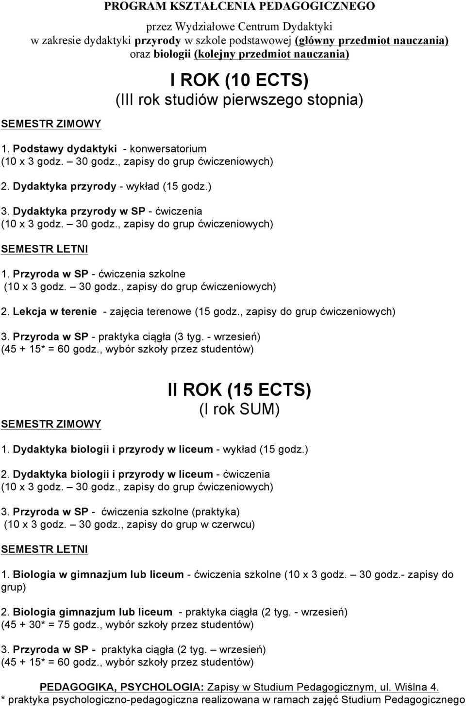 - wrzesień) II ROK (15 ECTS) (I rok SUM) 1. Dydaktyka biologii i przyrody w liceum - wykład (15 godz.) 2. Dydaktyka biologii i przyrody w liceum - ćwiczenia 3.